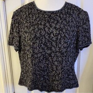 Papell Boutique Evening beaded silk top black silver leaf, Vintage XL
